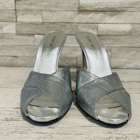 Stuart Weitzman Vintage Silver Glitter Stiletto High Heel Peep Toe Sandals 9M - Picture 3 of 15